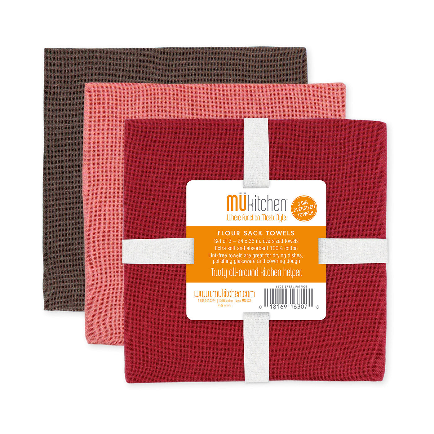 Mu Kitchen Set of 3 Flour Sack Towels, Multiple Colors