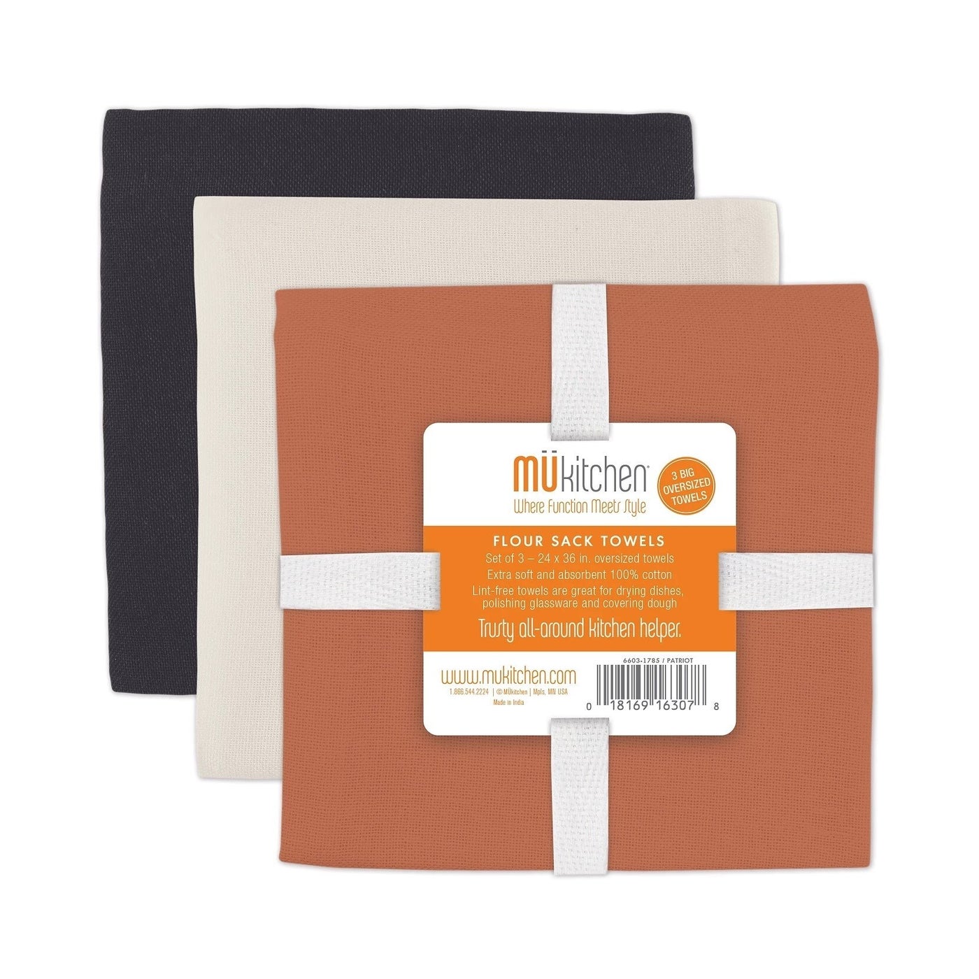 Mu Kitchen Set of 3 Flour Sack Towels, Multiple Colors