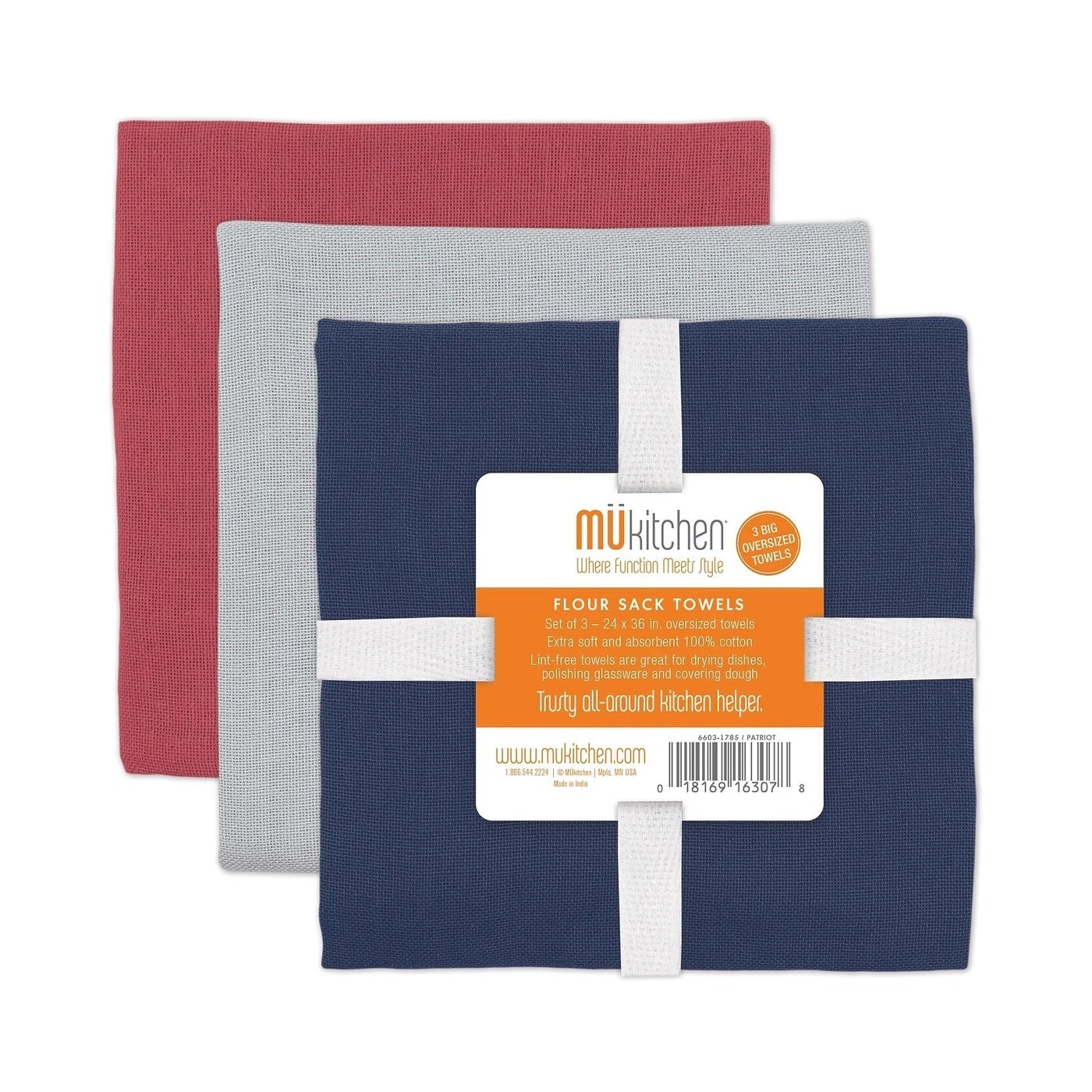 Mu Kitchen Set of 3 Flour Sack Towels, Multiple Colors